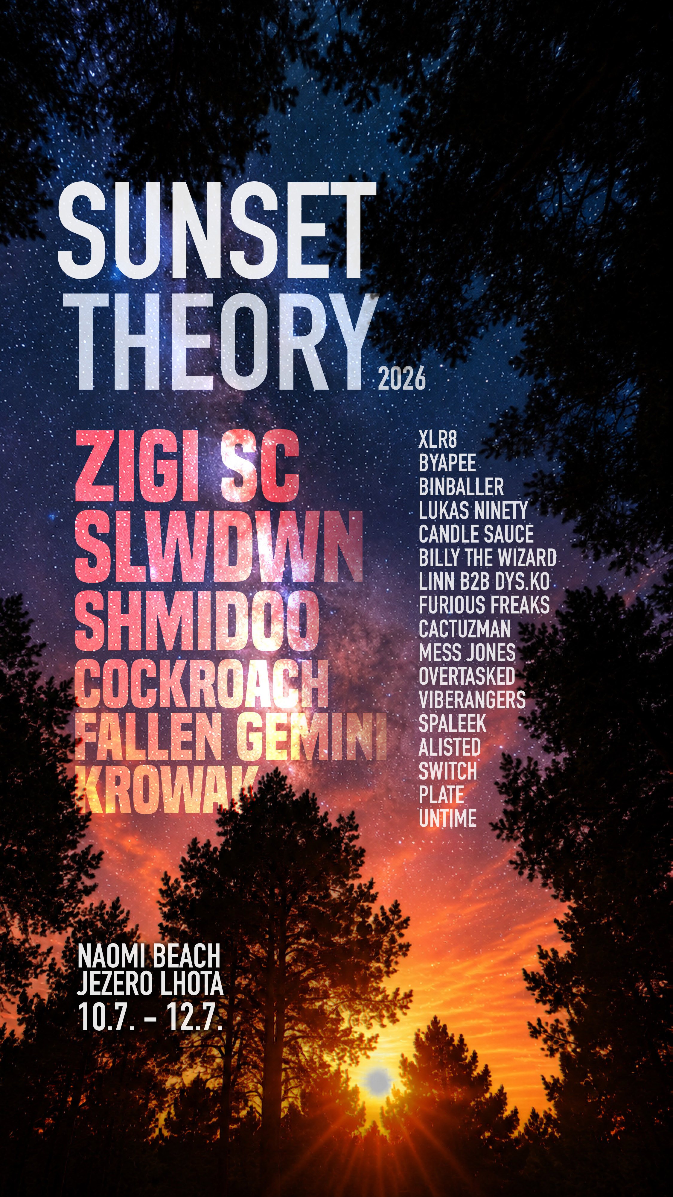 Plakát Sunset Theory ve Lhotě 2026 — Naomi Beach, Jezero Lhota